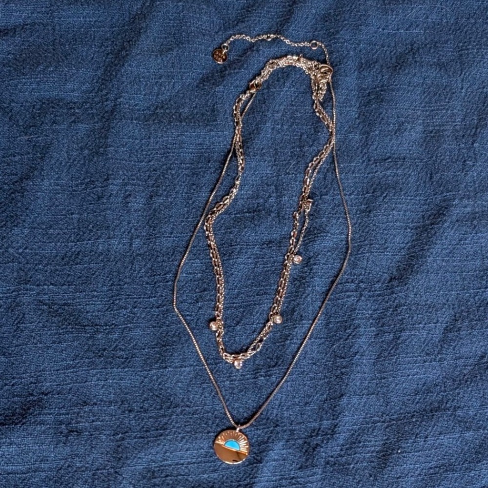 Pura Vida Silver Tone Sunset Turquoise Necklace + Multi Strand Disc Layering Set